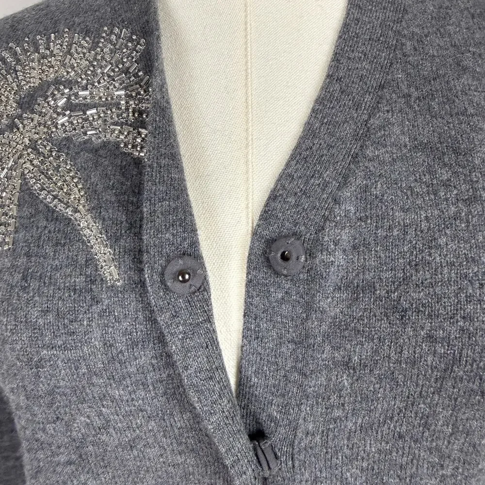 Tory Burch Merino Wool Cardigan Beaded Palm Tree Gray Sweater - XS